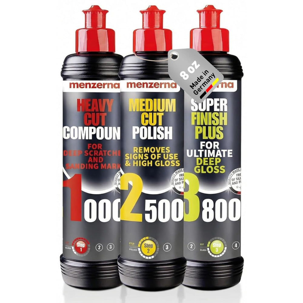 menzerna frente del kit con tres frascos mostrando marca y volumen para resultados profesionales