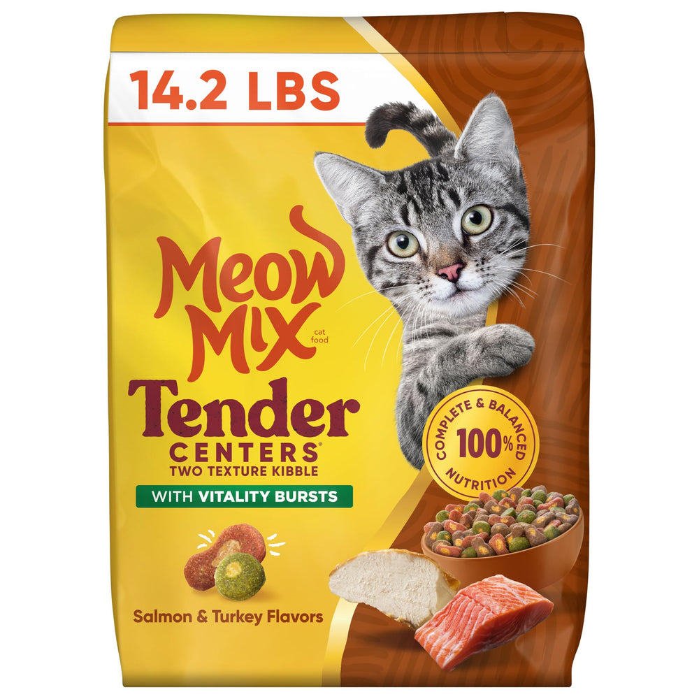 Meow Mix frente del empaque mostrando diseño y tamaño práctico