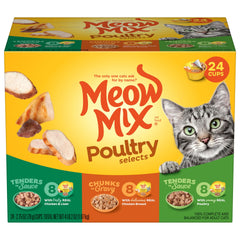 Meow Mix frente del pack 24 tazas muestra variedad y conveniencia