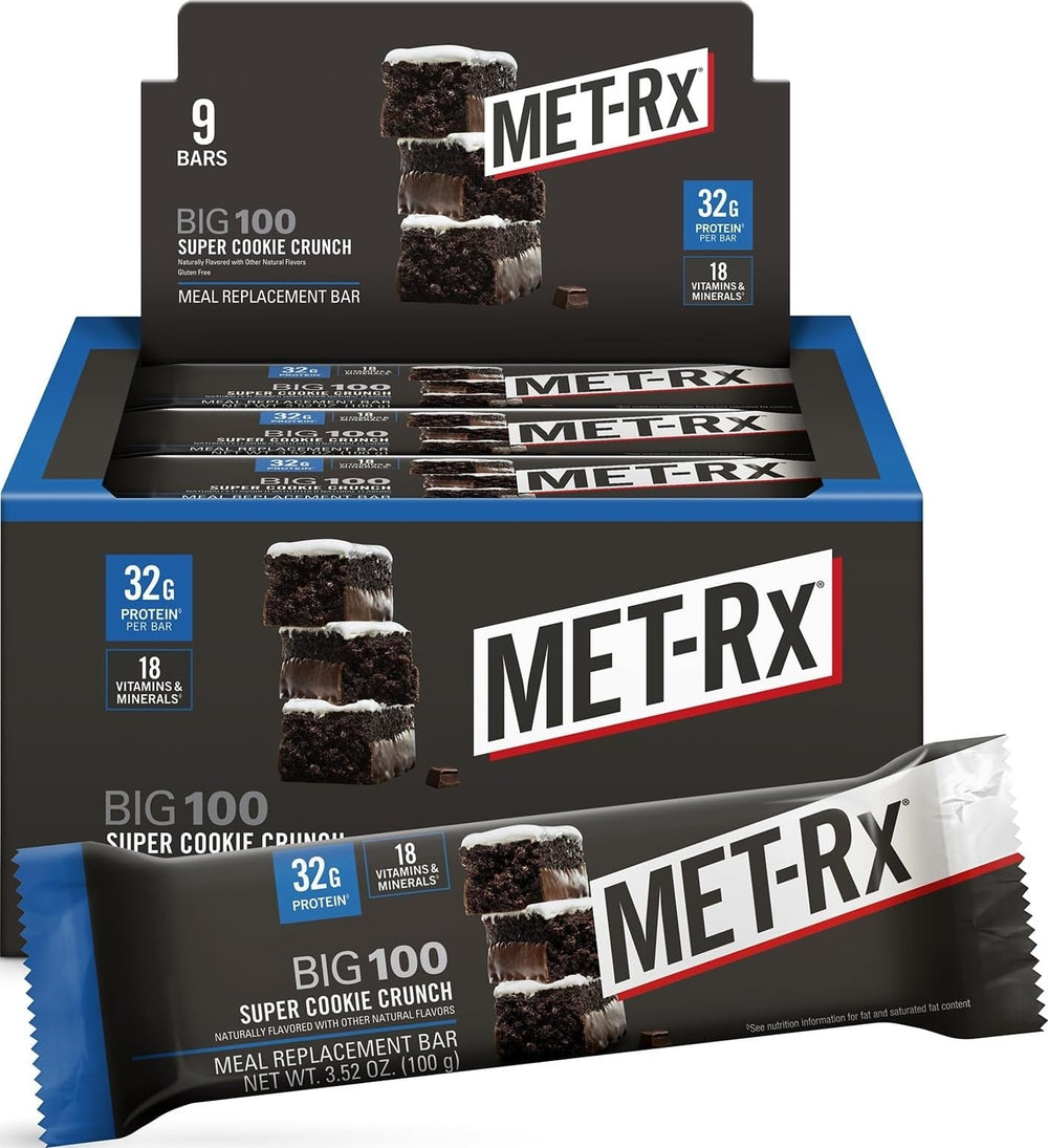 MET-Rx empaque frontal mostrando el sabor Super Cookie Crunch y conveniencia