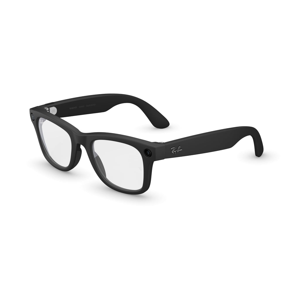 Meta Ray-Ban vista frontal del armazón Wayfarer negro con lentes claras y estilo icónico