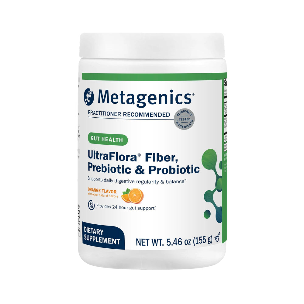 Metagenics UltraFlora Fiber vista frontal con etiqueta clara y beneficio de equilibrio digestivo