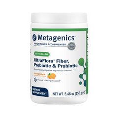 Metagenics UltraFlora Fiber vista frontal con etiqueta clara y beneficio de equilibrio digestivo