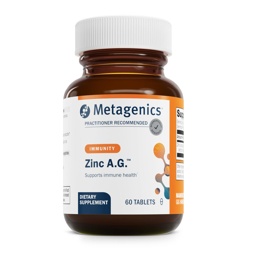 Metagenics Zinc A.G. envase frontal mostrando marca y presentación, claridad de producto