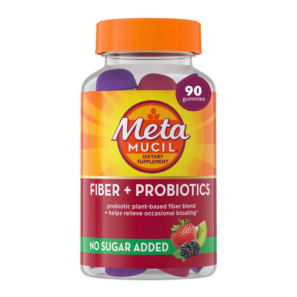 Metamucil frente del empaque mostrando 90 gomitas y beneficios