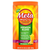 Metamucil envase frontal mostrando marca y sabor naranja, aporta fibra diaria