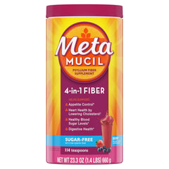 Metamucil envase frontal mostrando 114 porciones y sabor berry beneficios