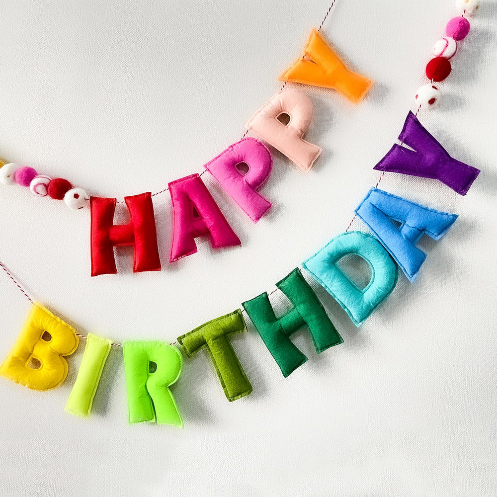 Meygajoe guirnalda frontal mostrando HAPPY BIRTHDAY y colores alegres