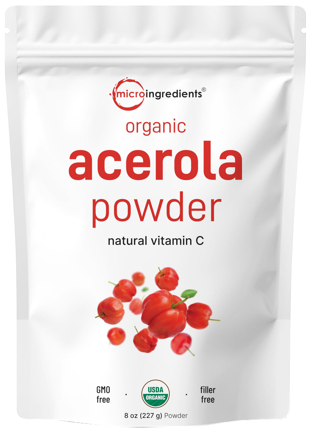 Micro Ingredients empaque frontal de acerola orgánica mostrando el producto