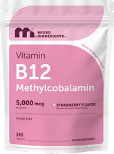 Micro Ingredients empaque frontal del suplemento B12 mostrando 240 tabletas y beneficio de suministro prolongado