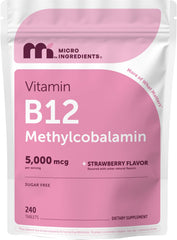 Micro Ingredients empaque frontal del suplemento B12 mostrando 240 tabletas y beneficio de suministro prolongado