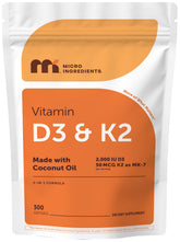 Micro Ingredients frasco frontal mostrando la fórmula D3 y K2, presentación clara
