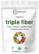 Micro Ingredients envase frontal del polvo triple fibra, presentación clara y orgánica