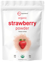 Micro Ingredients envase frontal de polvo de fresa mostrando etiqueta y beneficio práctico