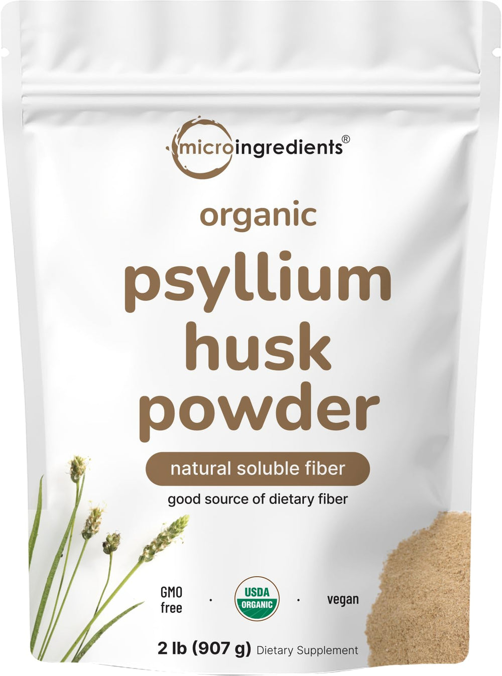 Micro Ingredients bolsa frontal mostrando el producto y beneficios de fibra