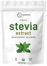 Micro Ingredients envase frontal de stevia orgánica mostrando presentación y cantidad