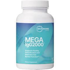 Microbiome Labs frasco frontal mostrando cápsulas y etiqueta, apoyo digestivo claro