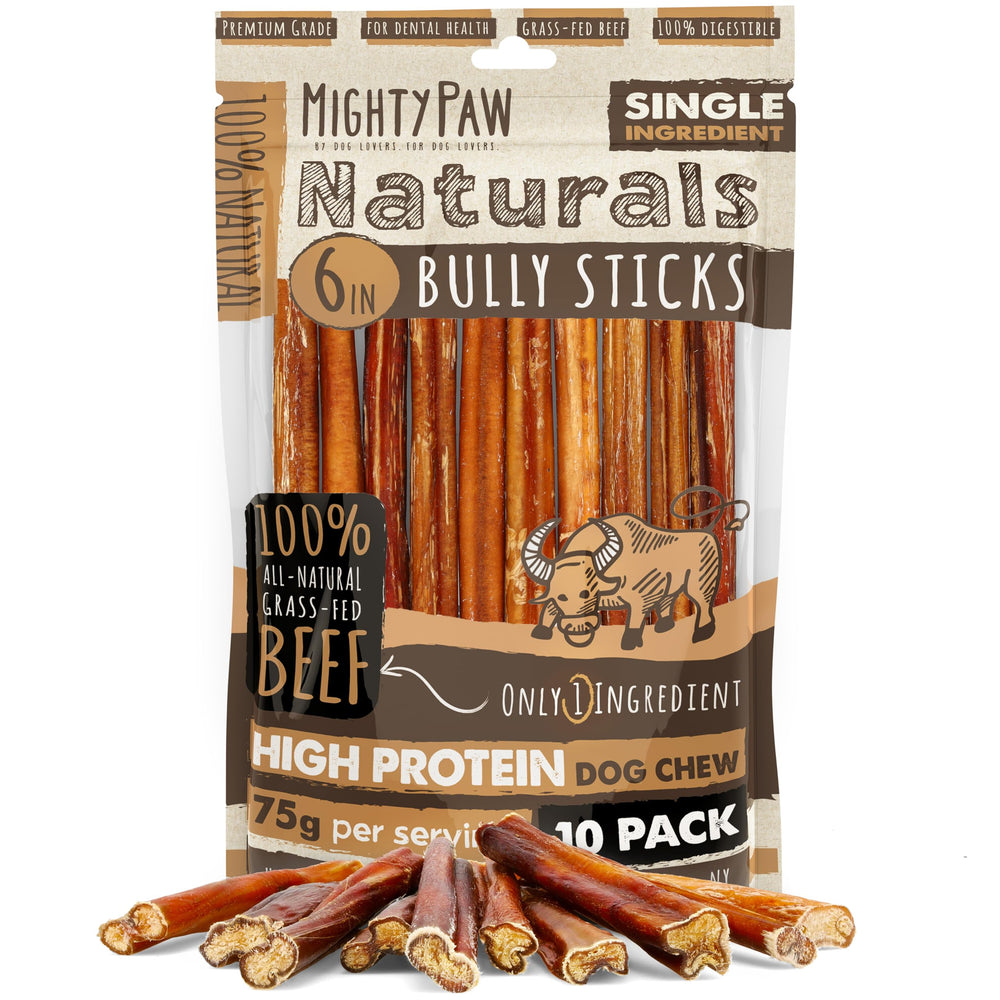 Mighty Paw empaque frontal mostrando 10 bully sticks y beneficio natural
