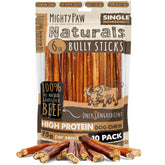 Mighty Paw empaque frontal mostrando 10 bully sticks y beneficio natural