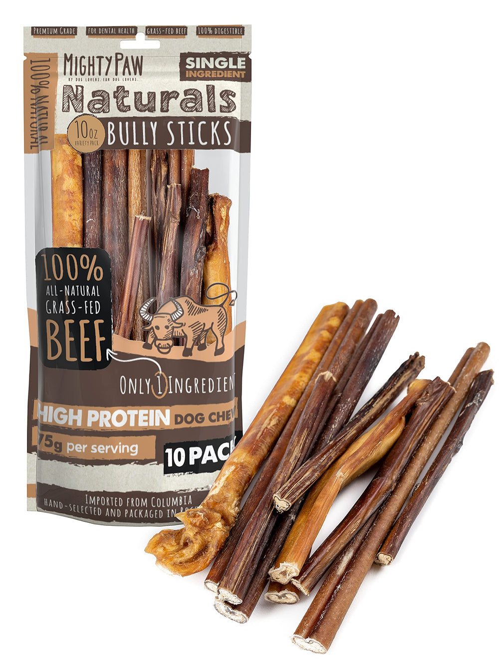 Mighty Paw frente del empaque mostrando pack de 10 y claridad de ingredientes