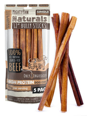Mighty Paw paquete frontal mostrando bully sticks y beneficio de calidad