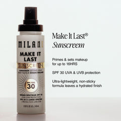 Milani botella con etiqueta visible resaltando SPF 30 y beneficios