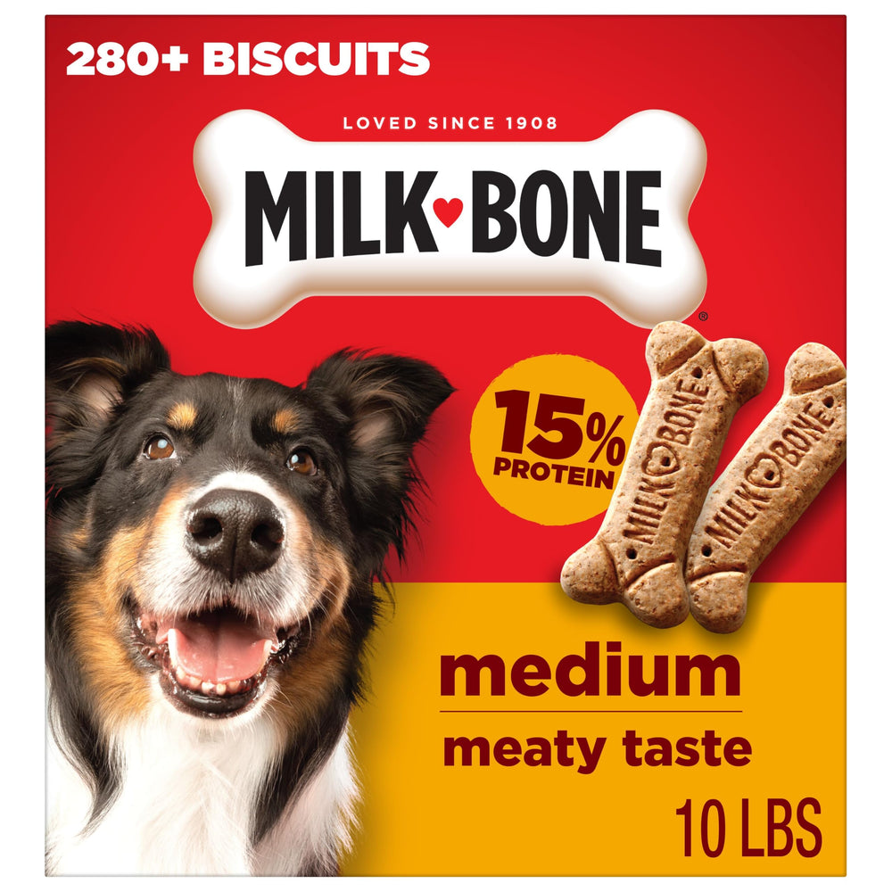 Milk-Bone caja frontal 10 lb mostrando tamaño y diseño de empaque, conservación práctica