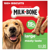 Milk-Bone caja frontal 10 lb mostrando el tamaño y ahorro