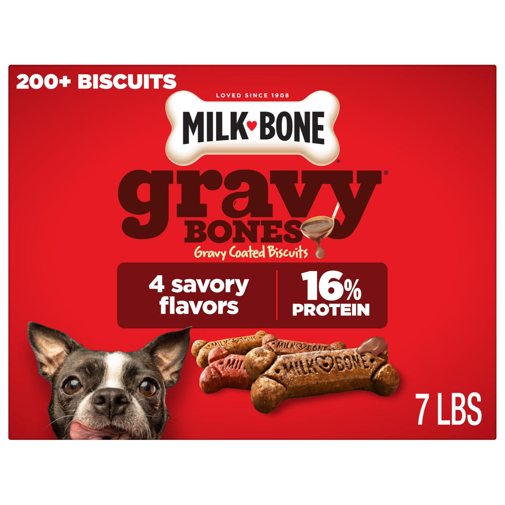 Milk-Bone caja frontal 7 lb mostrando sabores variados y ventaja de cantidad