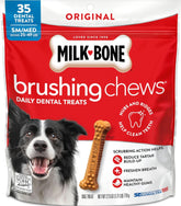 Milk-Bone paquete frontal mostrando 35 golosinas y beneficio limpieza