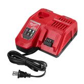 Milwaukee cargador frontal mostrando indicadores LED y beneficio de recarga rápida