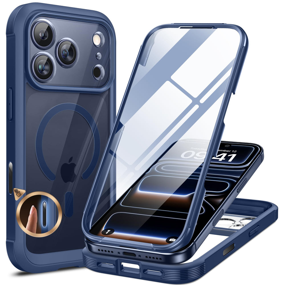 Miracase funda iPhone 17 Pro Max frontal azul mostrando ajuste perfecto y protección total