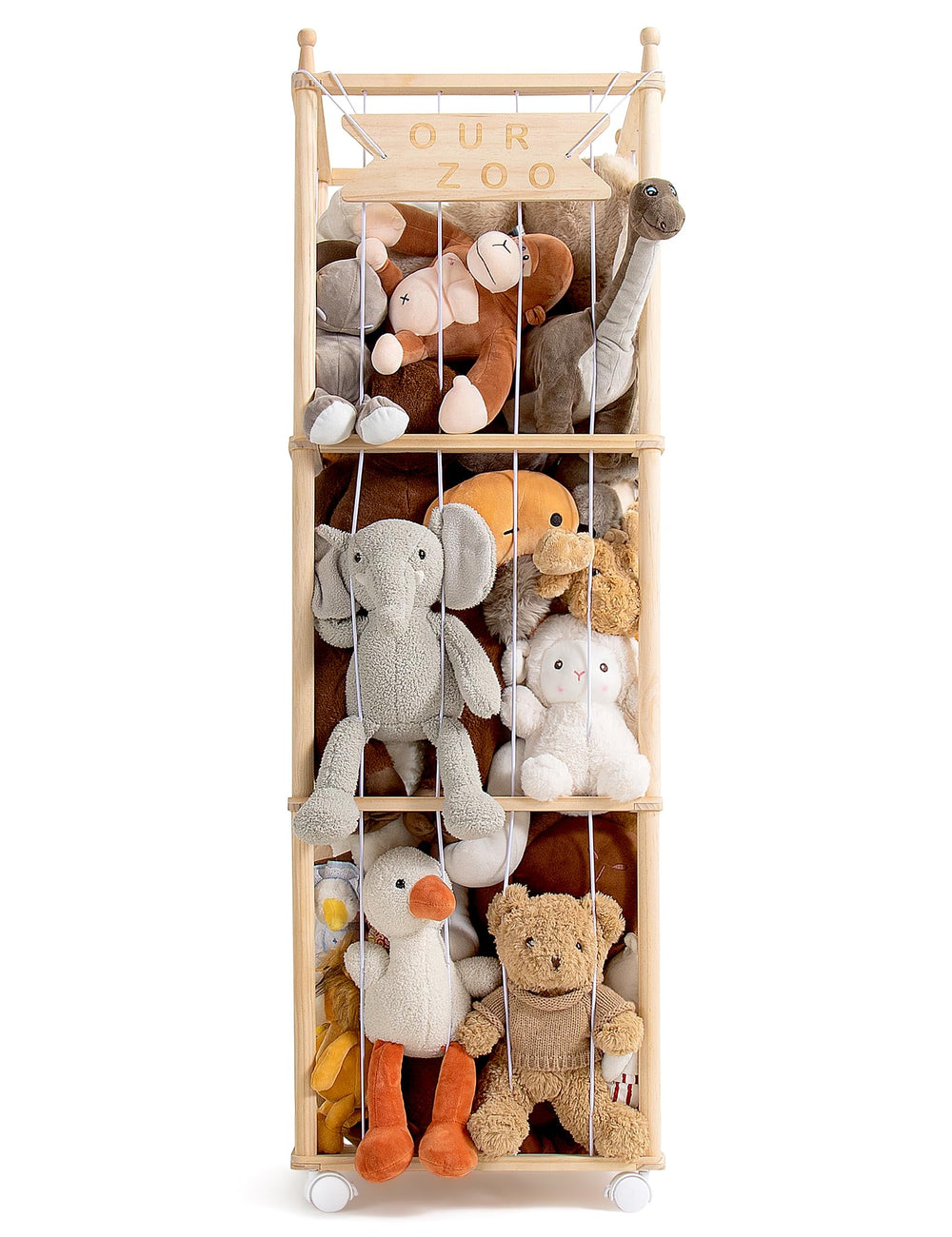 mloong vista frontal del organizador mostrando peluches y ahorro de espacio
