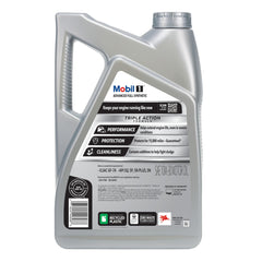 Mobil 1 etiqueta en primer plano con especificaciones y beneficios
