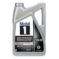 Mobil 1 botella frontal mostrando diseño y volumen, protección visible