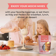 Mochi Foods comparación de tamaño con mano, ilustra porciones y escala práctica