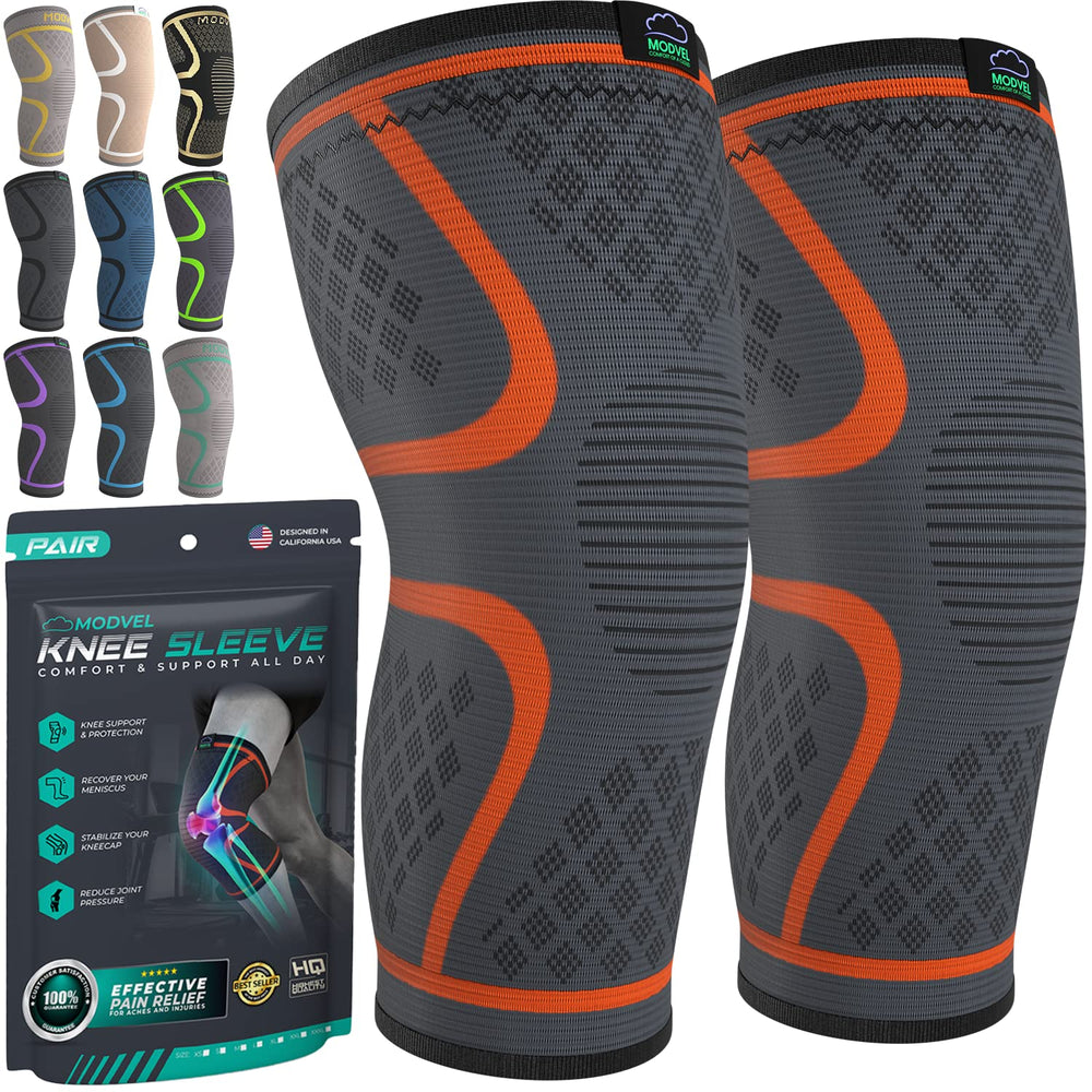 Modvel front packaging showing two knee sleeves and benefits