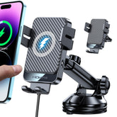MOKPR vista frontal del soporte y cargador con teléfono, sujeción segura