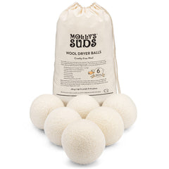 Molly's Suds vista frontal del pack de seis bolas de lana blanco, ahorro energético