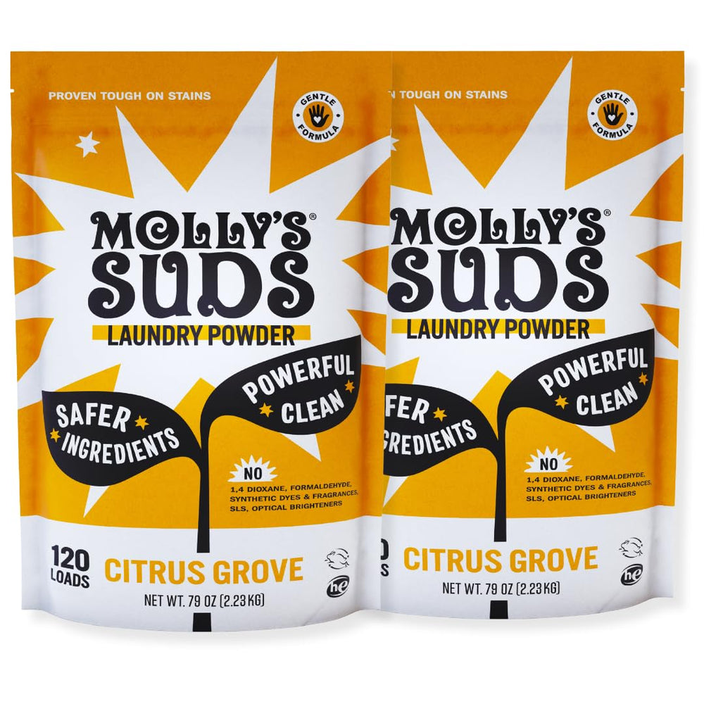 Molly's Suds paquete frontal mostrando limpieza eficaz