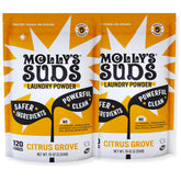 Molly's Suds paquete frontal mostrando limpieza eficaz