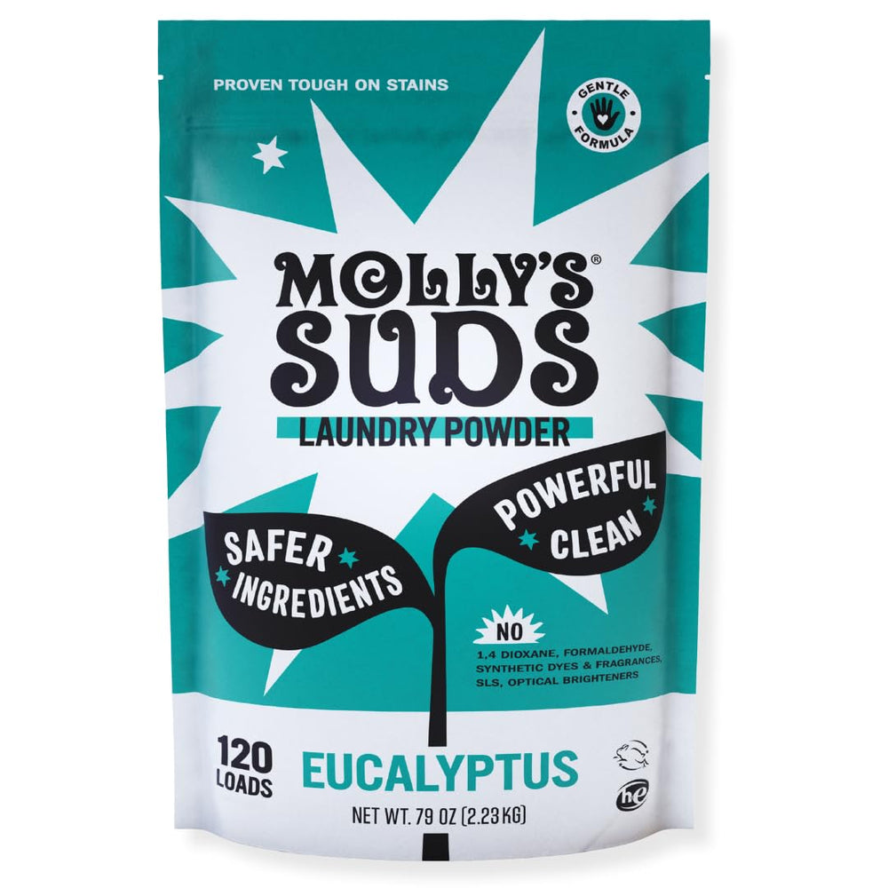 Molly's Suds front packaging showing eucalyptus scent and 120-load benefit