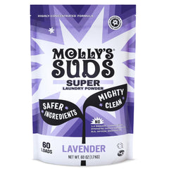 Molly's Suds frente del empaque mostrando producto y beneficio limpieza potente