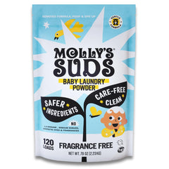Molly's Suds frente del empaque mostrando tamaño y etiqueta, limpieza segura