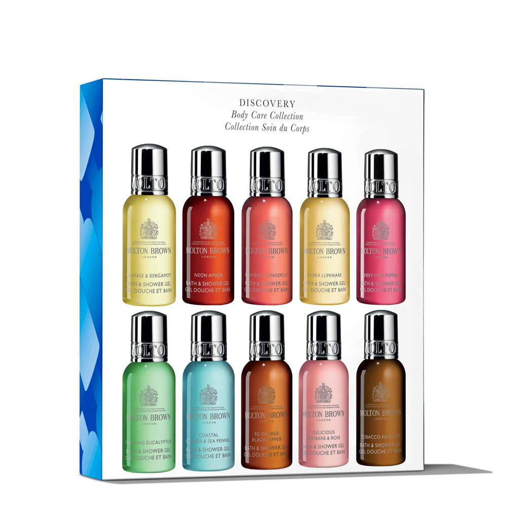 Molton Brown pack frontal con diez geles mini, muestra variedad y conveniencia