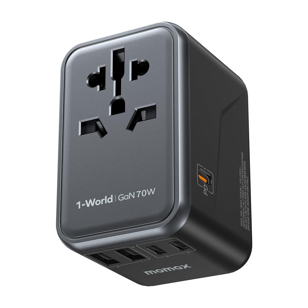 MOMAX adaptador 70W frontal mostrando puertos múltiples y carga eficiente