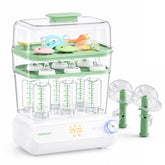 Momcozy vista frontal del esterilizador mostrando capacidad grande y orden