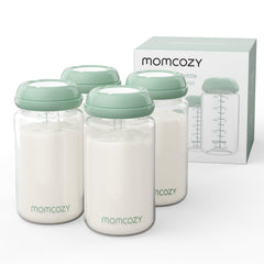 Momcozy biberón frontal de cuello ancho mostrando diseño práctico y capacidad