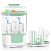 Momcozy vista frontal del esterilizador mostrando controles y diseño compacto para espacios pequeños