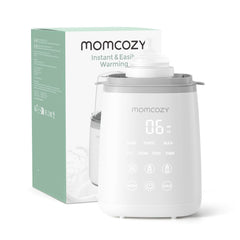 Momcozy vista frontal del calentador con biberón, rapidez en calentado